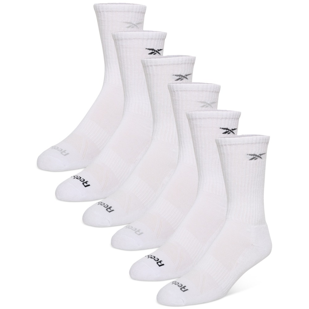 Reebok Cushion Crew Performance Training Socks White Mens 10-13 6-Pack NEW